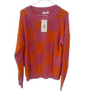NWT AVARA Womens Pink Orange Ribbed Checkered Print Sarah Sweater Large